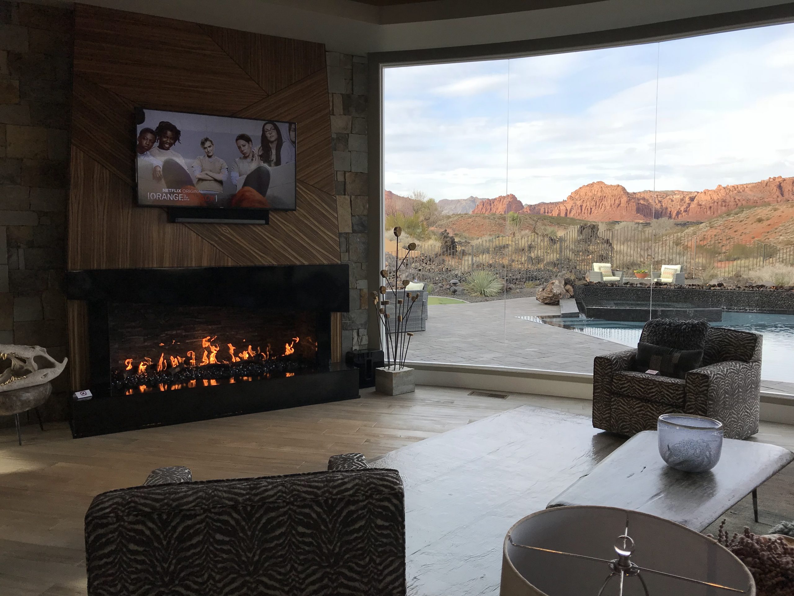 Modern living area with custom fireplace