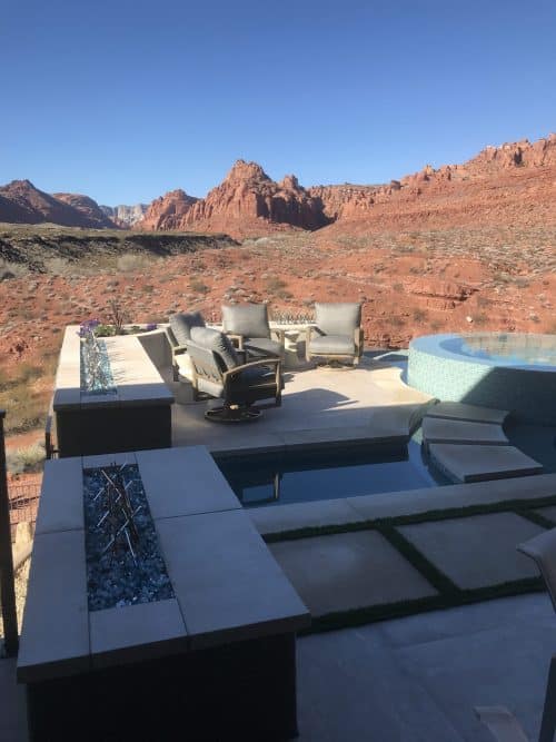 Outdoor masonry fireplace on a Southern Utah patio