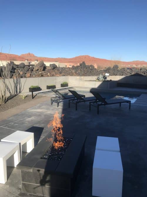 Custom outdoor fireplace and seating area in St. George, Utah