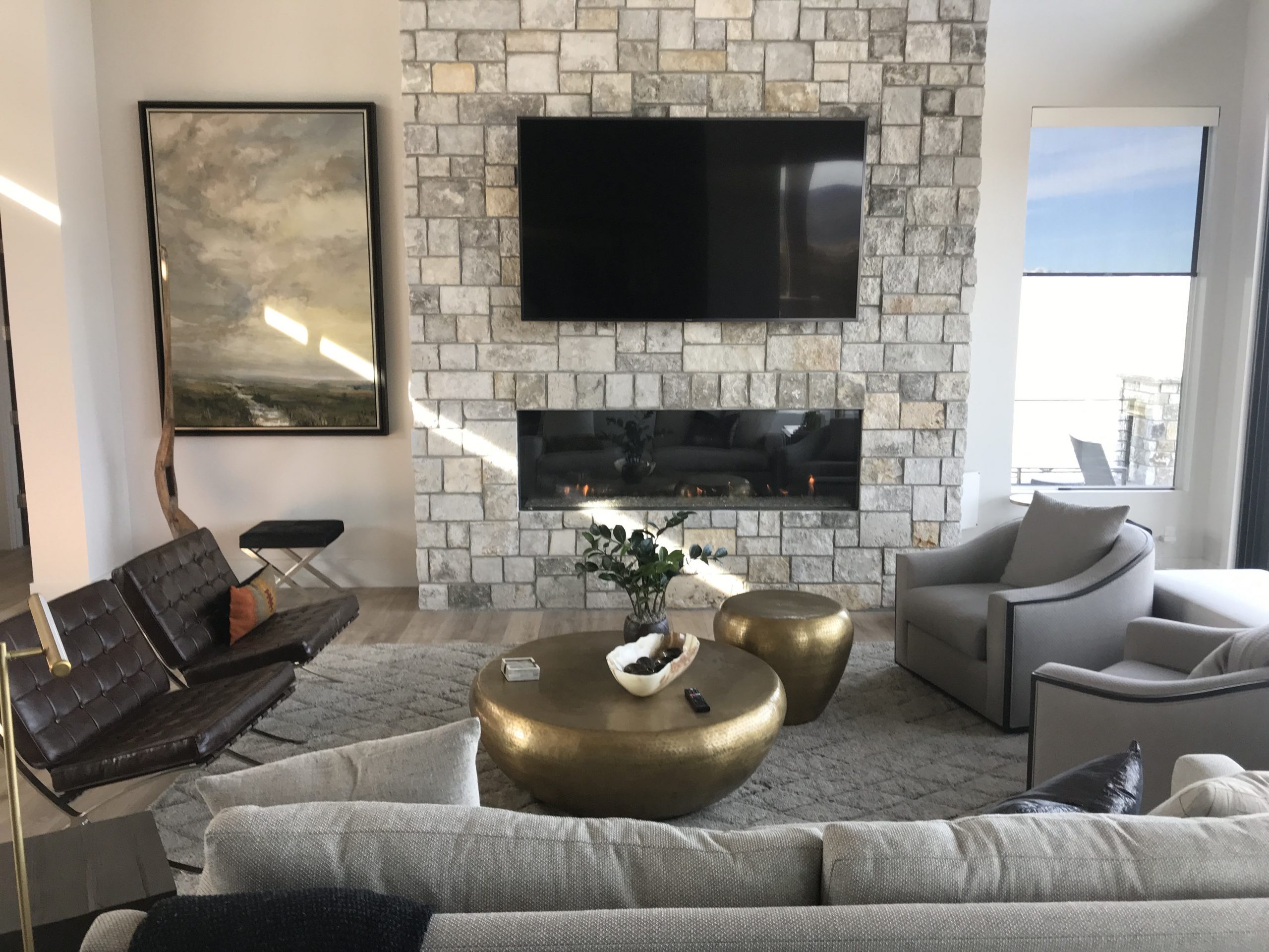 modern custom fireplace stone face living area