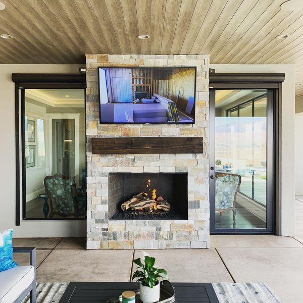 white brick face custom fireplace and mantle