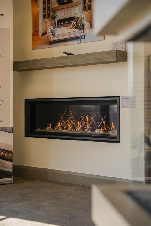 Lexington Hearth non-combustible mantel above an electric fireplace in the Custom Fireplace showroom in St. George, Utah