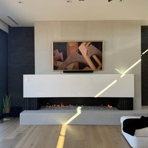 10’ Custom Mason-Lite fireplace with silver reflective glass