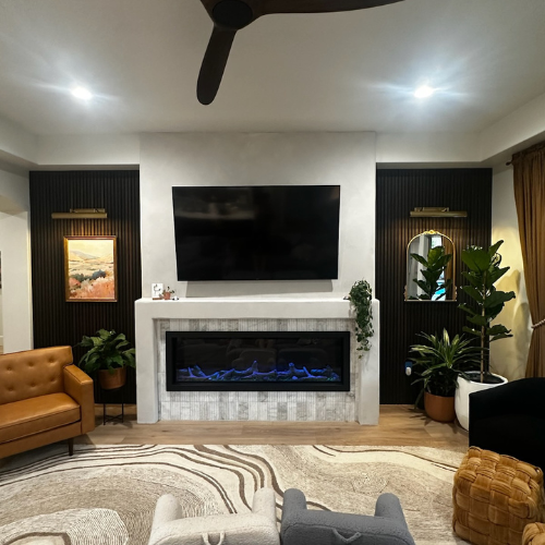 74” Astound electric by Napoleon The entire structure was reshaped, finished with tile, and a custom smooth-stucco texture.