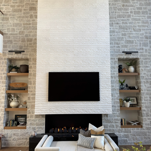 Custom Mason-Lite fireplace with amber crushed glass and 6-inch fireballs in a St. George home