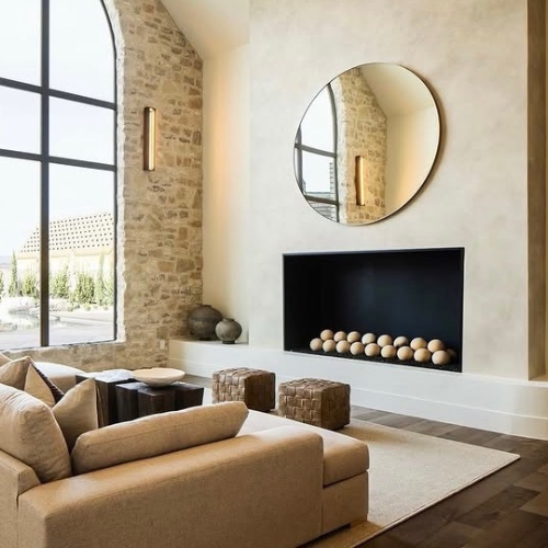 Custom Mason-Lite fireplace with lava rock and 8 inch cannon balls